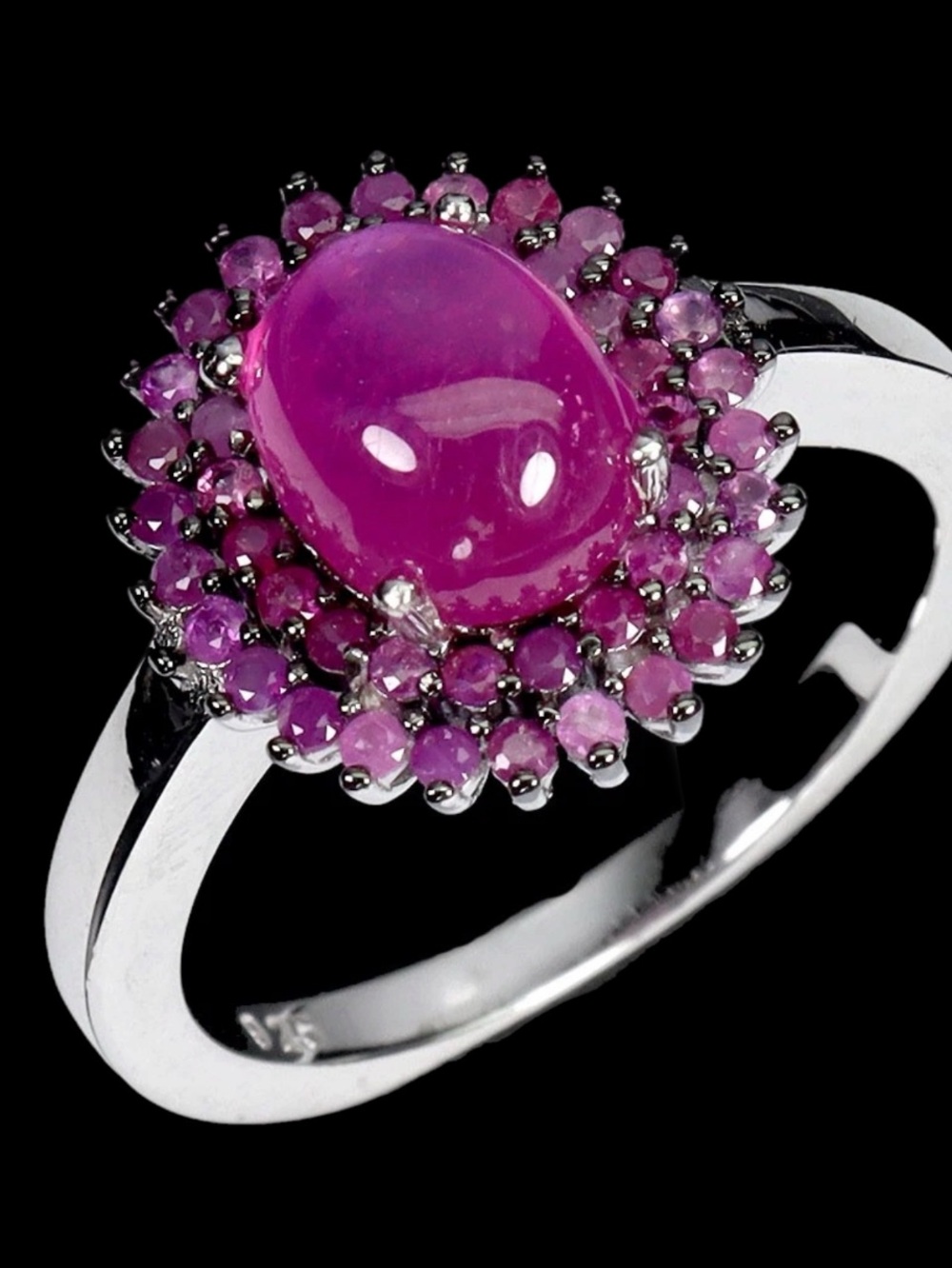 Genuine Ruby Cabochon Ring Encrusted With Faceted Rubies